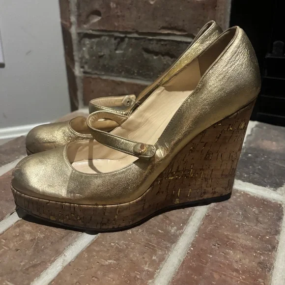 Christian Louboutin Metallic Gold Leather Cork Platform Wedge Mary Jane - Picture 9 of 16
